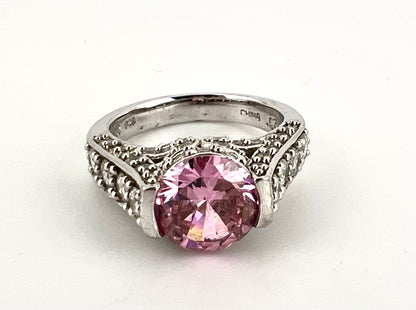 Ladies 925 silver ring with pink stone and CZ inlay