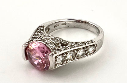 Ladies 925 silver ring with pink stone and CZ inlay