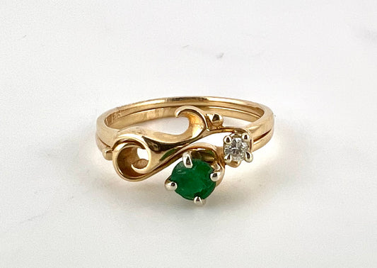 14k yellow gold, ladies emerald and diamond wedding set