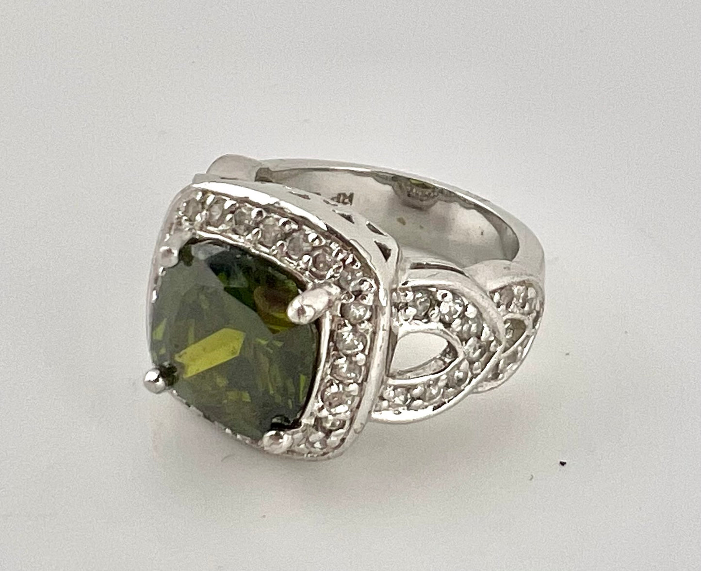 Ladies green gemstone halo, fancy sterling ring