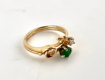 14k yellow gold, ladies emerald and diamond wedding set