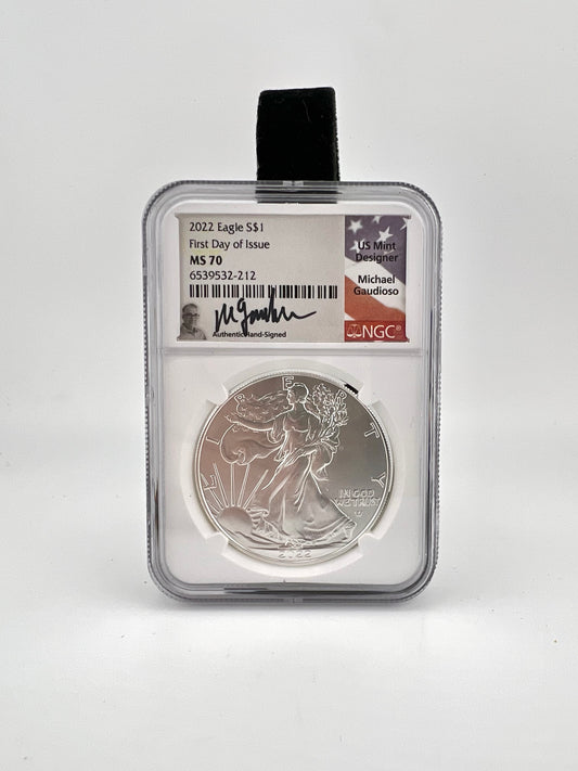 2022 SILVER EAGLE NGC MS70 FIRST DAY OF ISSUE SIGNED GUADIOSO FLAG LABEL