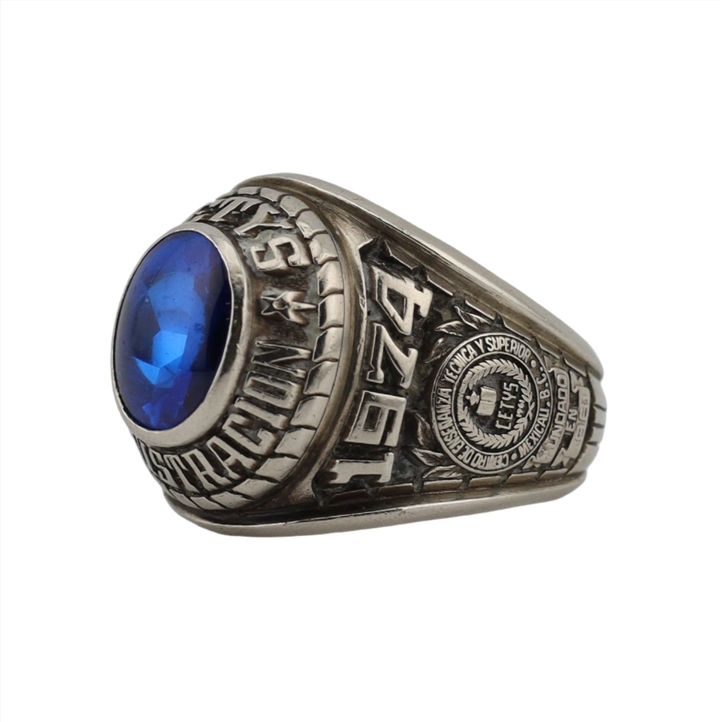 10K white gold "Cetys" class ring blue stone