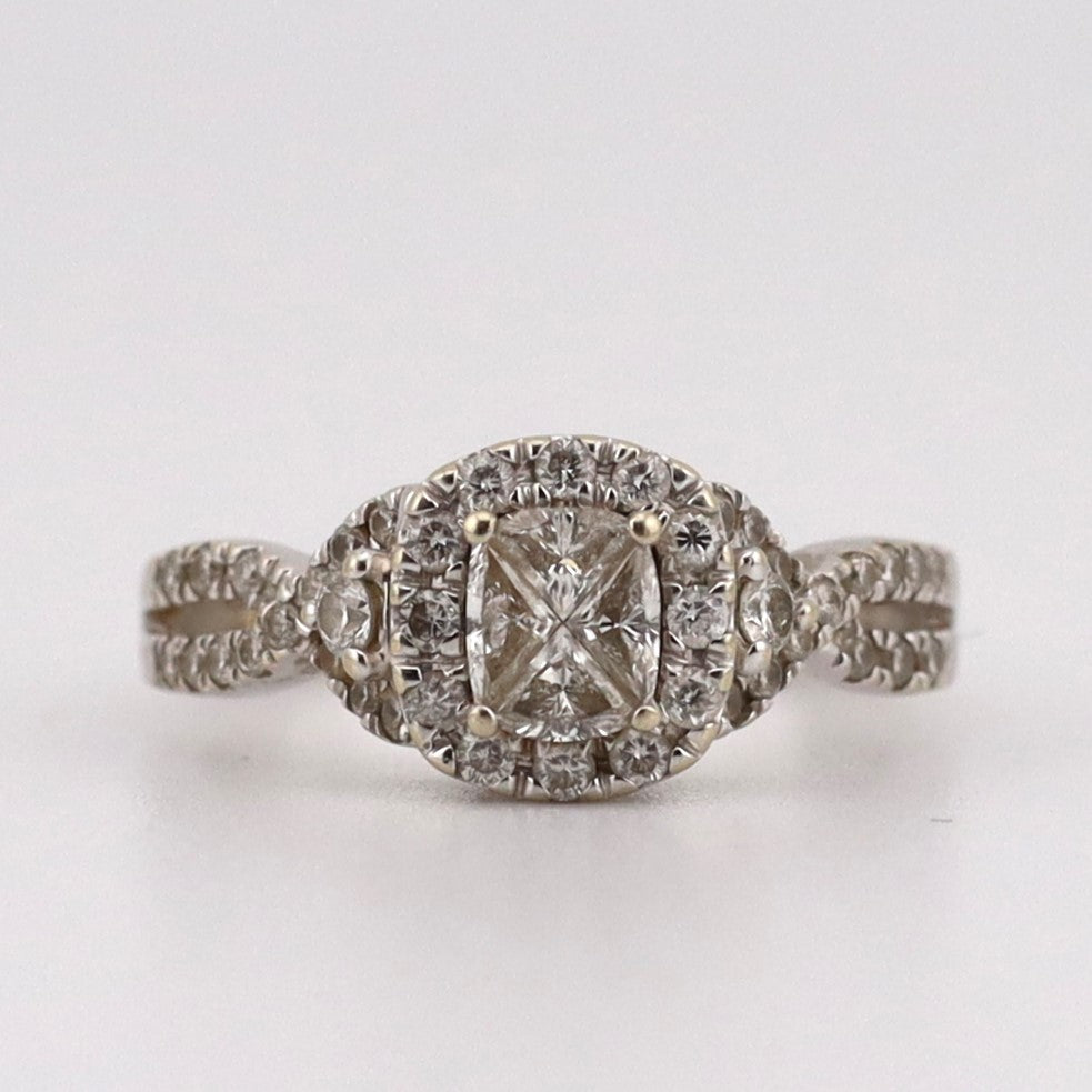 14k Ladies trillion cut center diamonds halo ring