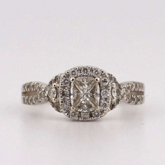 14k Ladies trillion cut center diamonds halo ring