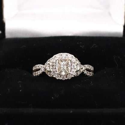 14k Ladies trillion cut center diamonds halo ring