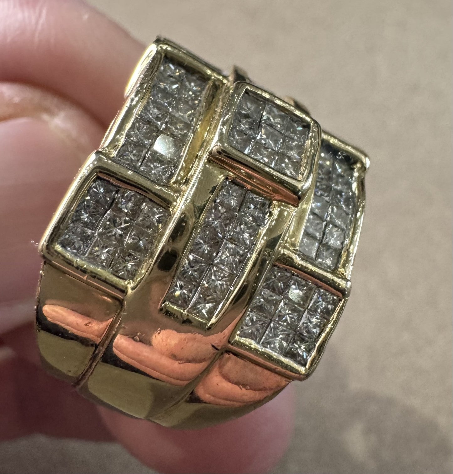 14k Men’s Fancy Cut  Men's Diamond Ring Invisible Setting 14.1 Grams Total .