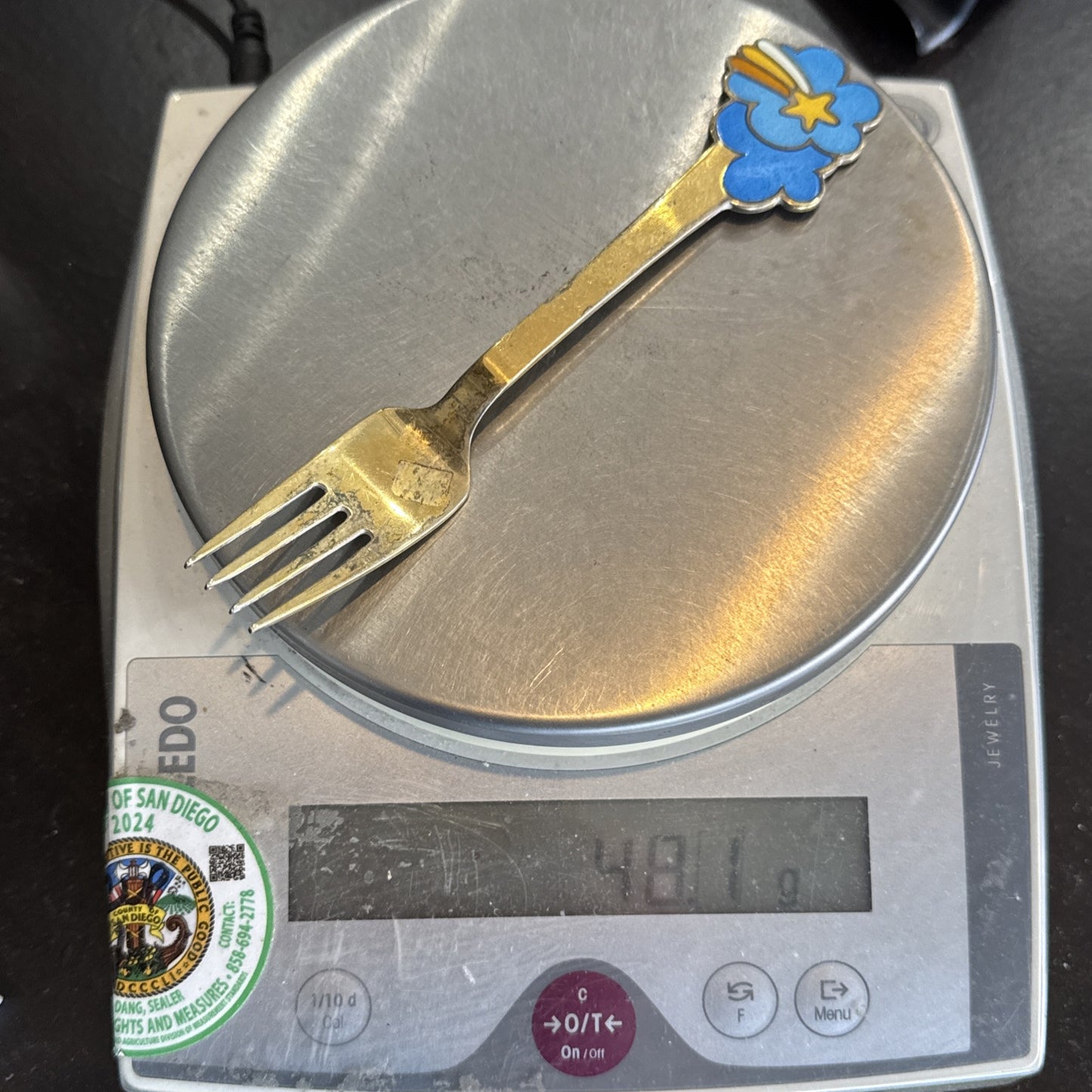 A. Michelsen Christmas Fork 1975 Gilded Sterling with Enamel 48.1 Grams