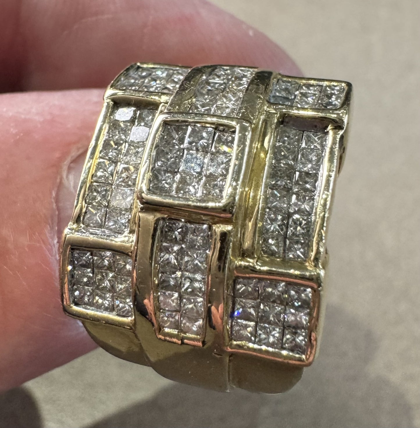 14k Men’s Fancy Cut  Men's Diamond Ring Invisible Setting 14.1 Grams Total .